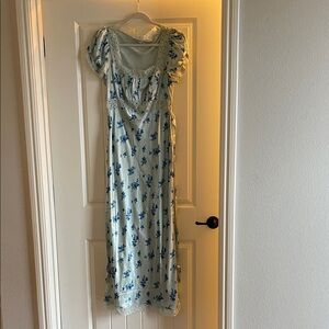 Reformation Blue Floral Lace-Trim Silk Maxi Dress